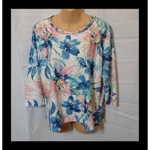 Alfred Dunner PL Pink Blue 3/4 Sleeve Floral Embellished Top Tropical Textured